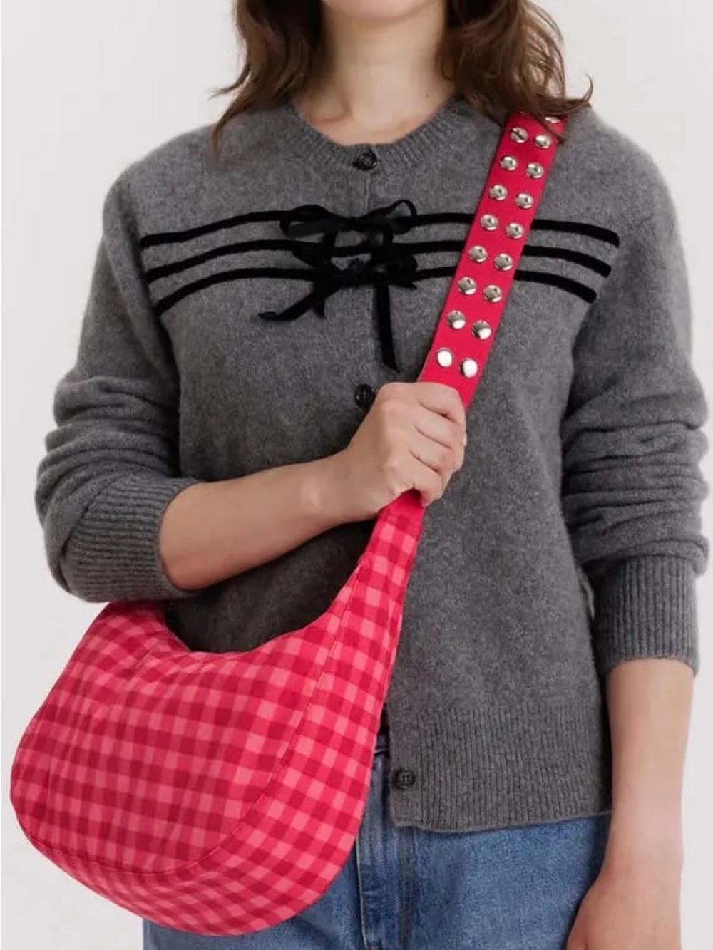 BAGGU Pink and Red Gingham Shoulder Bag with Studded Strap